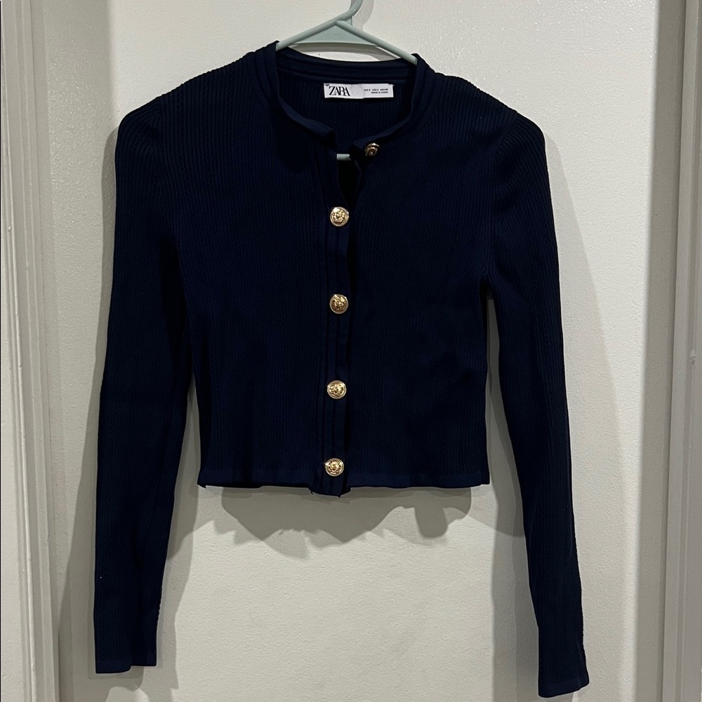 Zara Navy Cardigan with Gold Accents
